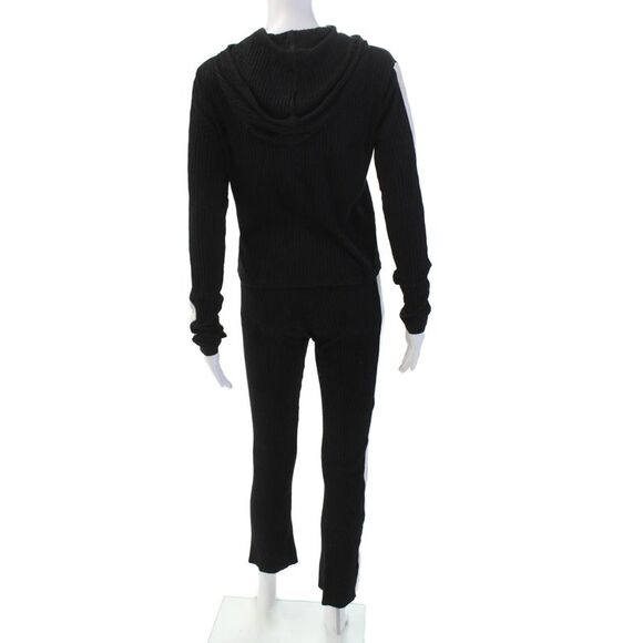 Cale Womens Cotton Ribbed Knit Stripe Hood Casual Top Pants Set Black Size L - Picture 4 of 10